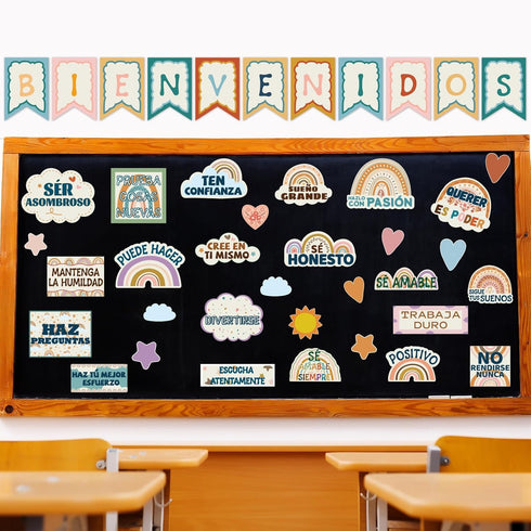 Spanish Boho Rainbow Classroom Bulletin Board Set, Motivational Decor for Teachers with Positive Inspirational Cutouts