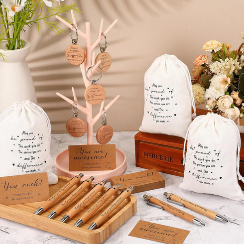 Yeaqee 36 Sets Employee Appreciation Gift, Motivational Burlap Bags, Wood Retractable Pens, Inspirational Keychain