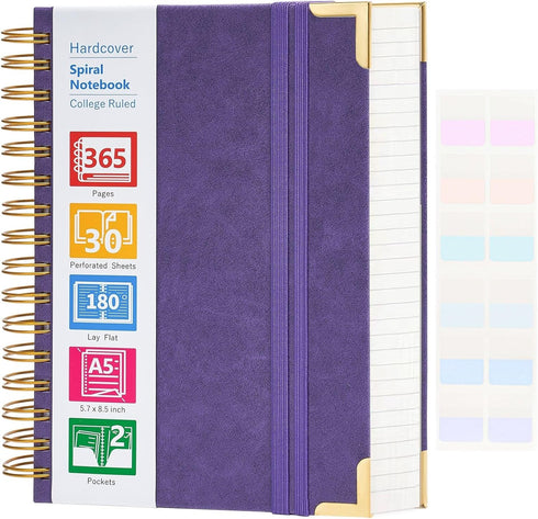 Large A5 Spiral Notebook, 365 Page Hardcover Leather Journal, College Ruled, Purple, 24pcs Index Tabs, 5.5" x 8.5"