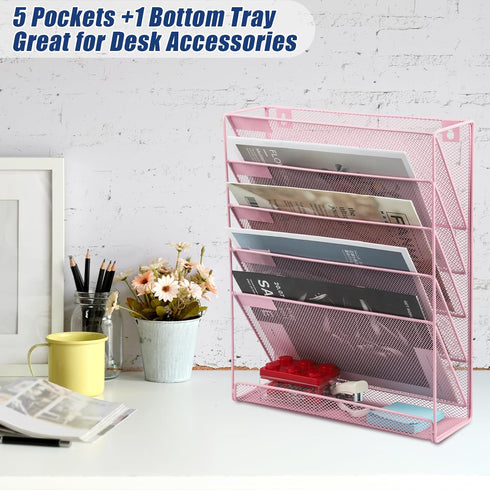 EASEPRES Wall File Holder Organizer - Cute Pink 5 Tier Hanging File Rack for Home Office Supplies