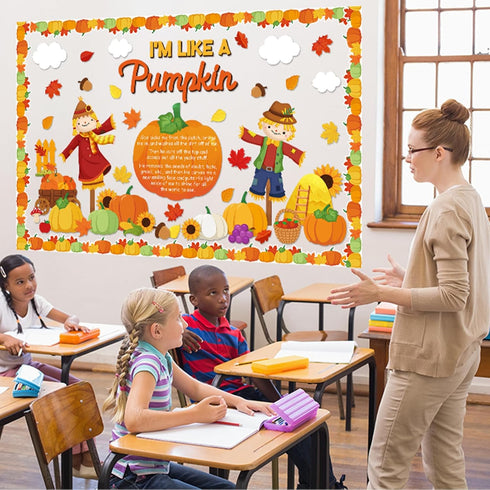 Fall Classroom Bulletin Board Decorations Set with Religious Pumpkin Cutouts and Autumn Harvest Maple Leaves