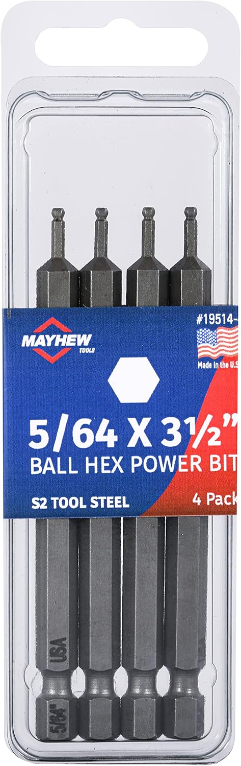 Mayhew Tools 19514-4 USA SAE Ball Hex Power Bit, 4-Pack, 5/64 x 3.5"