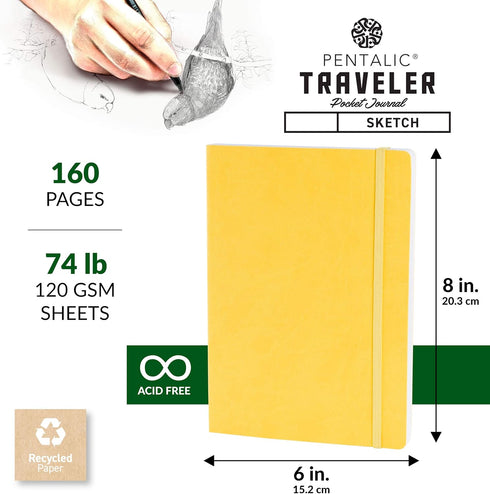 Pentalic Art Traveler Pocket Journal Sketch Book, 6" x 8", Yellow Gold