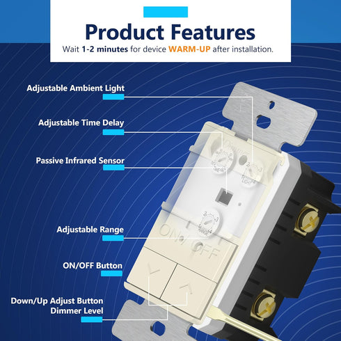 Dimmer Dimmable 200W 3-Way, 120 LIDER Motion Sensor Switch for LED/CFL Lights, V, Modern Upgrade, No Neutral Required