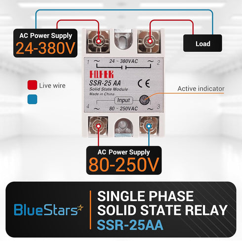 BlueStars Solid State Relay SSR-25AA AC to AC Input 80-250VAC to Output 24-380VAC 25A Single Phase Semi-Conductor Relay Module - Pack of 2 - Control 80-250V AC Load 24-380V AC