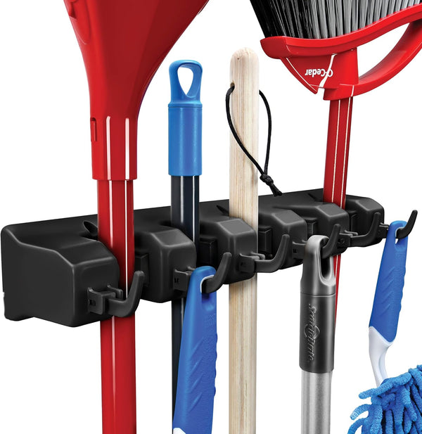 Mop and Broom Holder Wall Mount, Garage Storage Organizer with 5 Slots, 6 Hooks, 7.5lbs Capacity Per Slot, Black Broom