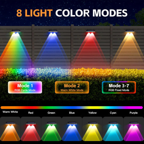 6 500mAhBattery,Solar lP65 (4-Pack) Solar Fence Lights Outdoor, Waterproof LED,RGB Color Mode Solid Monochrome