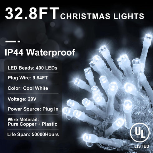 400 33ft 8 75 KNONEW Christmas Lights Outdoor Decorations LED Modes Curtain Fairy String Light with Drops, Clear Wire