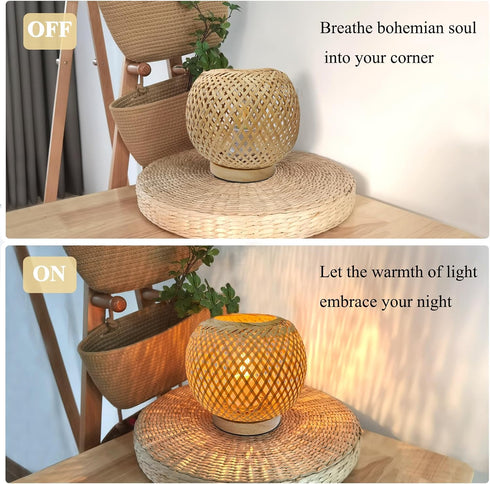 2700K G45 Bulb Small Rattan Lamp, Boho Table Lamp, Vintage Wicker Nightstand Lamps with Wood Base, Bohemia Woven Lamps