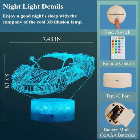 16 Dimmable, Car Gifts for Men, Racing Vehicle Night Light with Remote Control, Colors Changing, Timer, RGB Flashing