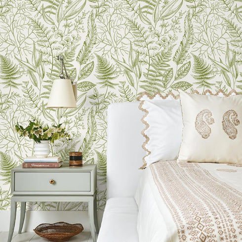 17.7''x354'' VEELIKE Vintage Green Fern Peel and Stick Wallpaper Tropical Herbs Leaf Wallpaper for Bedroom Powder Room