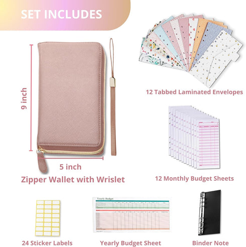 Cash Envelope Wallet Rose Gold All in One Budget System with 12x Tabbed Envelopes & Yearly Planner