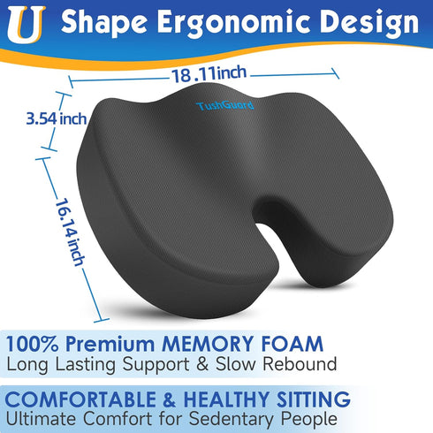 Tailbone TushGuard Seat Cushion for Office Chair Memory Foam Non-Slip Cushion Back, Coccyx, Sciatica, Pain Relief Butt