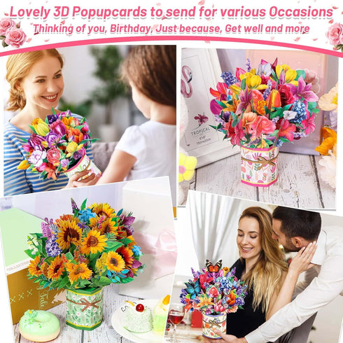 6 Pack 3D shynek Paper Flower Pop Up Cards, Flower Bouquet Card Popup Greeting Cards for Mother's Day, Graduation