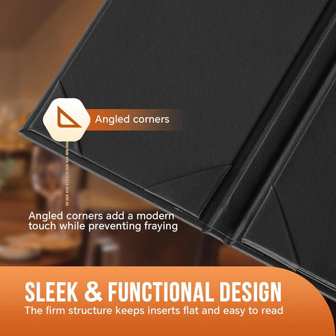 4.25" 11", 6 Pack (4 MYFULLY Restaurant Menu Holders x Black PU Leather Single Panel Menu Covers with Angled Corners
