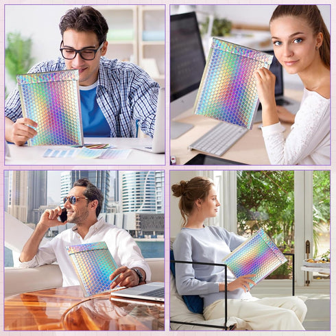 Xvvirnt 50 Pcs Holographic Bubble Mailers,Metallic Bubble Mailers With Thank You Cards and Stickers,Poly Padded