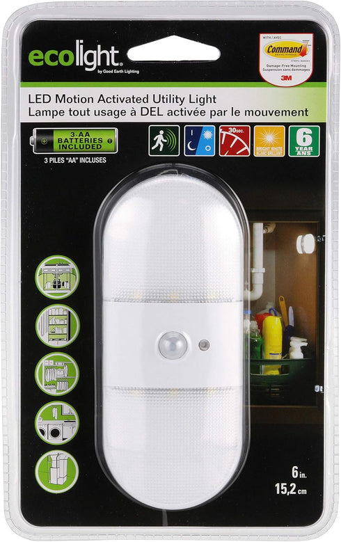 Ecolight Battery-Operated 6-inch LED Dual Lens Motion Utility Light - Auto Timer, 30,000 Hours Lamp Life - White