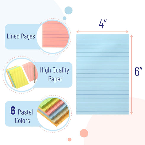 Mr. Pen- Lined Sticky Notes 4x6, 6 Pads, 45 Sheets/Pad, Pastel Color, Sticky Notes with Lines