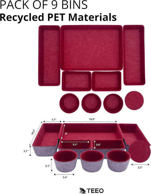 Teeo Drawer Organizers - Office Supply Organizer, Makeup Storage, Pack of 9, Burgundy Compartment Desk Caddy
