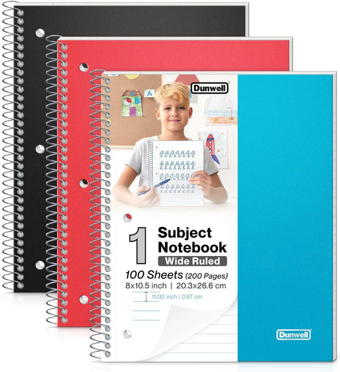Dunwell 3-Pack Wide Ruled Spiral Notebooks, 100 Sheets, Red Blue Black, 8 x 10.5 for School with Inner Pockets