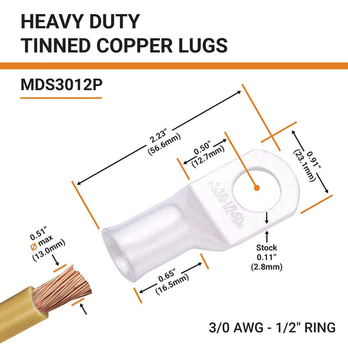 SELTERM 10pcs 3/0 AWG-1/2" Stud Tinned Copper Wire Lugs, Heavy Duty Battery Cable Ends,000 Gauge Ring Terminals, UL Battery Lugs Marine Grade Copper Eyelets Electrical Battery Terminal Connectors