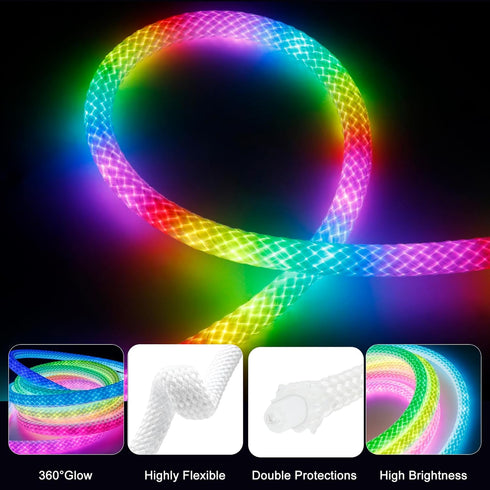 360 10ft maylit Degree Luminous Reticulate Weave Rope Lights, Addressable ICRGB LED Strip Lights, Music Sync, DIY