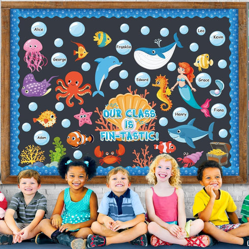 gisgfim Under The Sea Bulletin Board Decoration Set with Sea Animals Cutouts and Borders for Ocean Theme Classroom Decor