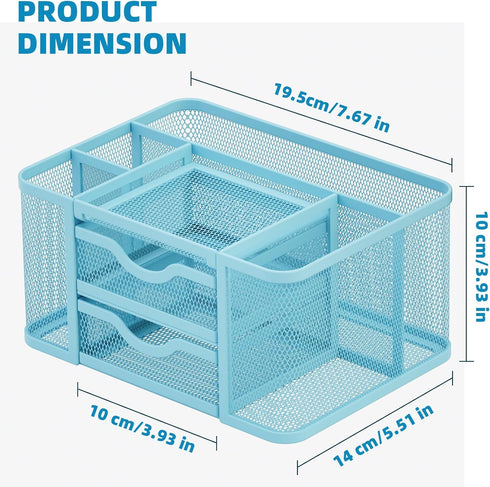 Marbrasse Mesh Desk Organizer with 2 Drawer, Multi-Functional Pen Holder for Office Art Supplies (Blue)
