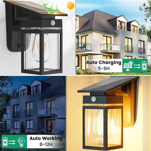 3 IP65 E26 Bulb Solar Porch Lights Outdoor, Dusk to Dawn & Motion Sensor Wall Light with Lantern Shape, Modes
