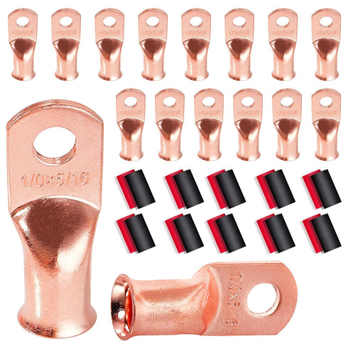 RED WOLF 1/0 AWG Battery Cable End Copper Wire Ring Terminal Connector Lug with 3:1 Heat Shrink Tubing, 16 PCS