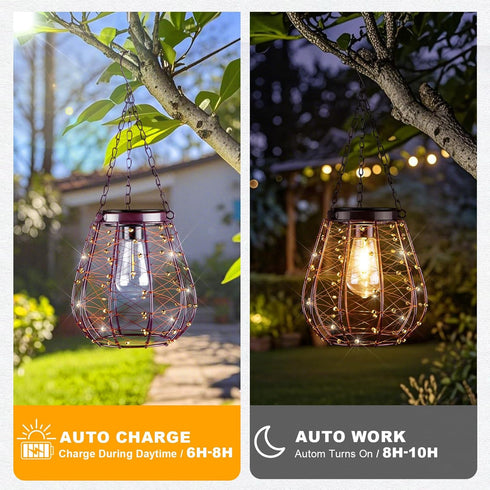 2 Pack- Hanging Solar Lantern Lights, Solar Chandelier Outdoor Waterproof Vintage Copper Outdoor Hanging Lights