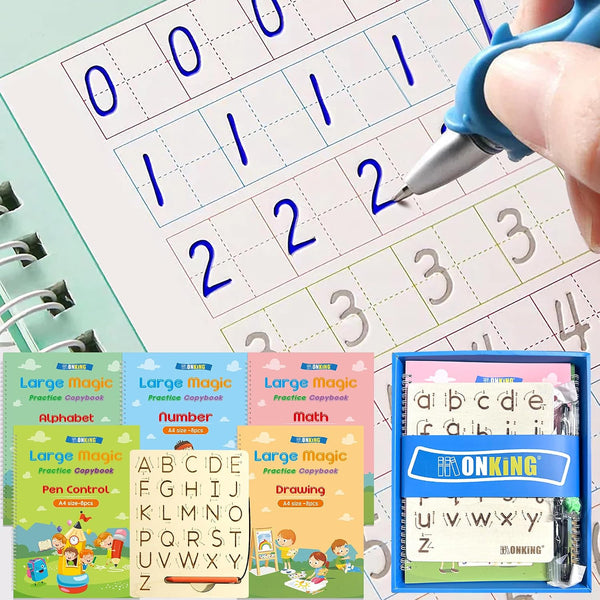 Large Handwriting Magic Grooved Practice Copybook Set: 5-Pack with Wooden Alphabet Tracing