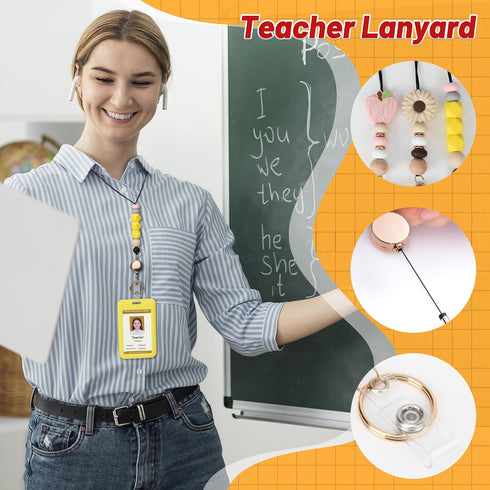 Qoroos 12 3 Sets in Retractable Teacher Lanyards for ID Badges with ID Holder Teacher Badge Reel Breakaway Lanyard