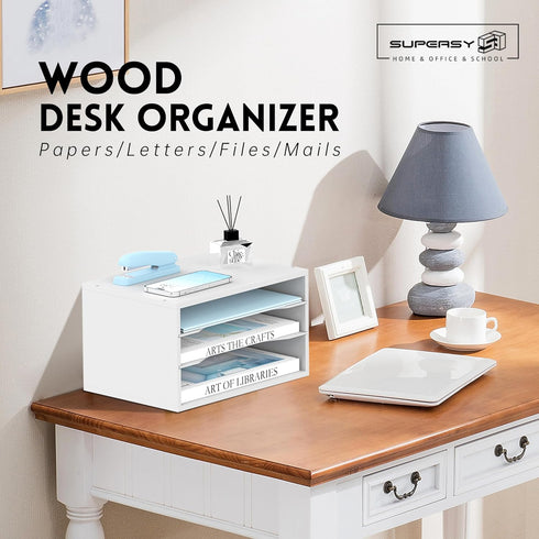 SUPEASY Wood Desk Organizer, 3 Tier Paper File Organizer for Desk, Wooden Desktop Mail Sorter for Office School Home