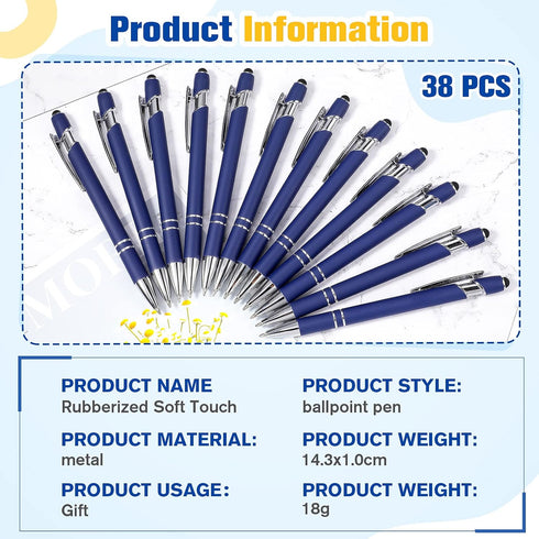 Zonon 38 Pieces Rubberized Ballpoint Pen with Stylus Tip, Stylish Metal Cap, Soft Grip, Black Ink (Dark Blue)