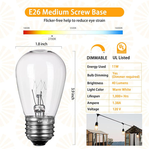 Moonflor S14 Bulbs, 11W Bulb E26 Commercial Dimmable Bulbs Pack 26 Replacement Light Clear Glass fits Medium Base