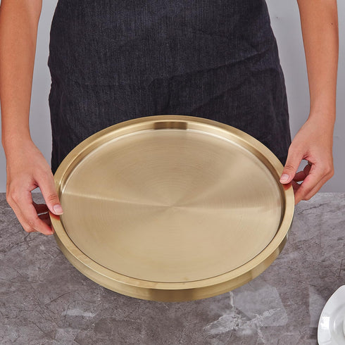 12.5",Double Stainless Steel Round Bar Serving Tray Wall,Ideal Coffee Table, Decorative,Rotisserie Plate, Tea