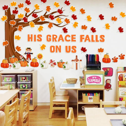 Konsait 89PCS His Grace Falls on Us Christian Bulletin Board Sets, Big Tree Pumpkins Religious Fall Decorations for