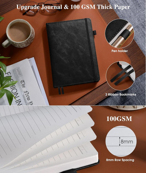 Lined Leather Journal Notebook, Hardcover, 256 Numbered Pages, A5 Journaling Notebooks for Business Work School, Black