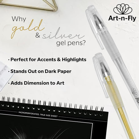 Gold & Silver Gel Pen for Artist, 0.7mm Fine Point, Gold Ink Pen with Japanese Ink, 6 PACK
