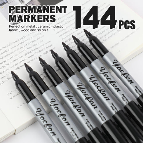 Yocfon 144 Count Set, Permanent Markers Bulk, Black Permanent Markers Fine Tip, Waterproof Markers, Works On Plastic