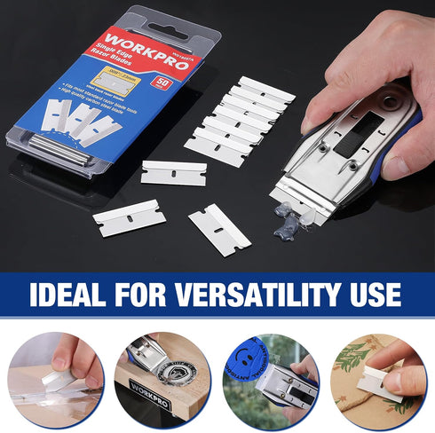 50-Pack WORKPRO Single Razor Edge Blades, Industrial Scraper Razor Blades, High Carbon Steel One Edge Razor Blades