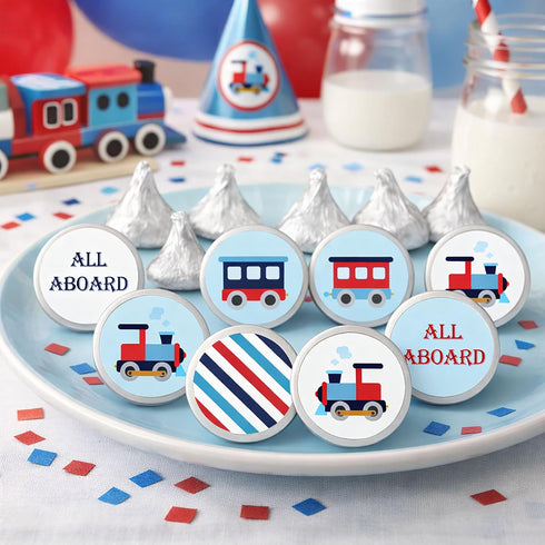 Set 240 All Aboard Train Labels for Hershey Kisses Chocolates - Locomotive Candy Sticker Favors