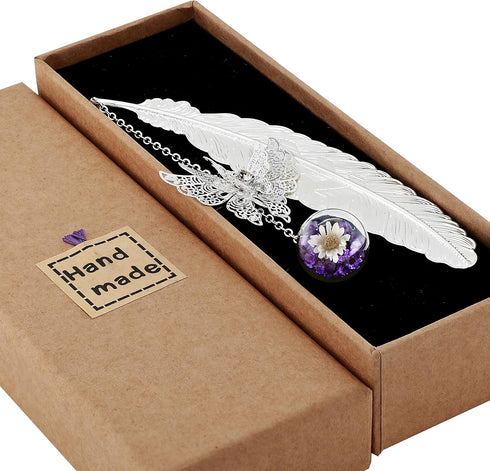 Toirxarn Silver Feather Bookmark with Butterfly Pendant & Gift Box, Elegant Gift for Women, Moms & Teachers