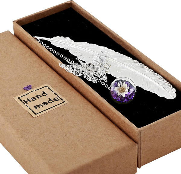 Toirxarn Silver Feather Bookmark with Butterfly Pendant & Gift Box, Elegant Gift for Women, Moms & Teachers