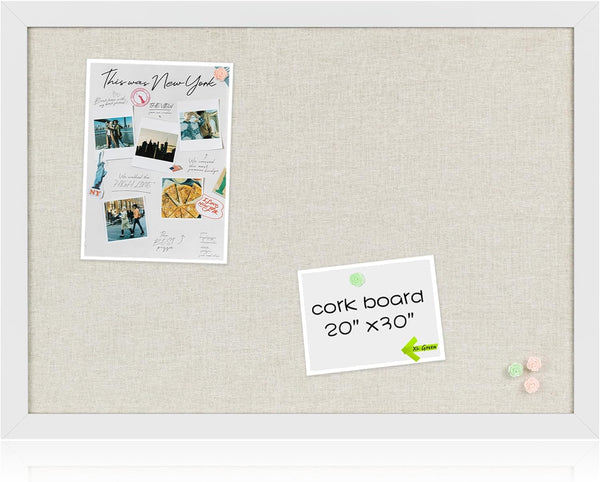 Board2by White Cork Board Bulletin Board with Linen, Wood Framed 30" x 20"