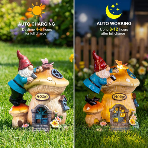 Garden Gnome Statues Figurine Lights - Solar Powered Lighting Outdoor Decorations, Gnome Build Mushroom Fairy House