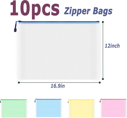 AUSTARK 10 Pcs Zipper File Bags, Waterproof Plastic Mesh Pouch for Office School Storage (A3 Size)