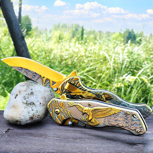 Pocket Knife for Men, Cool Folding Knife with 3D Embossed Bald Eagle, Great EDC Gift for Outdoor Survival