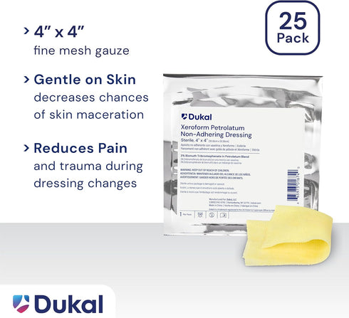 Dukal 215 Alba Xeroform Petrolatum Gauze, Sterile, 4" x 4", Pack of 25